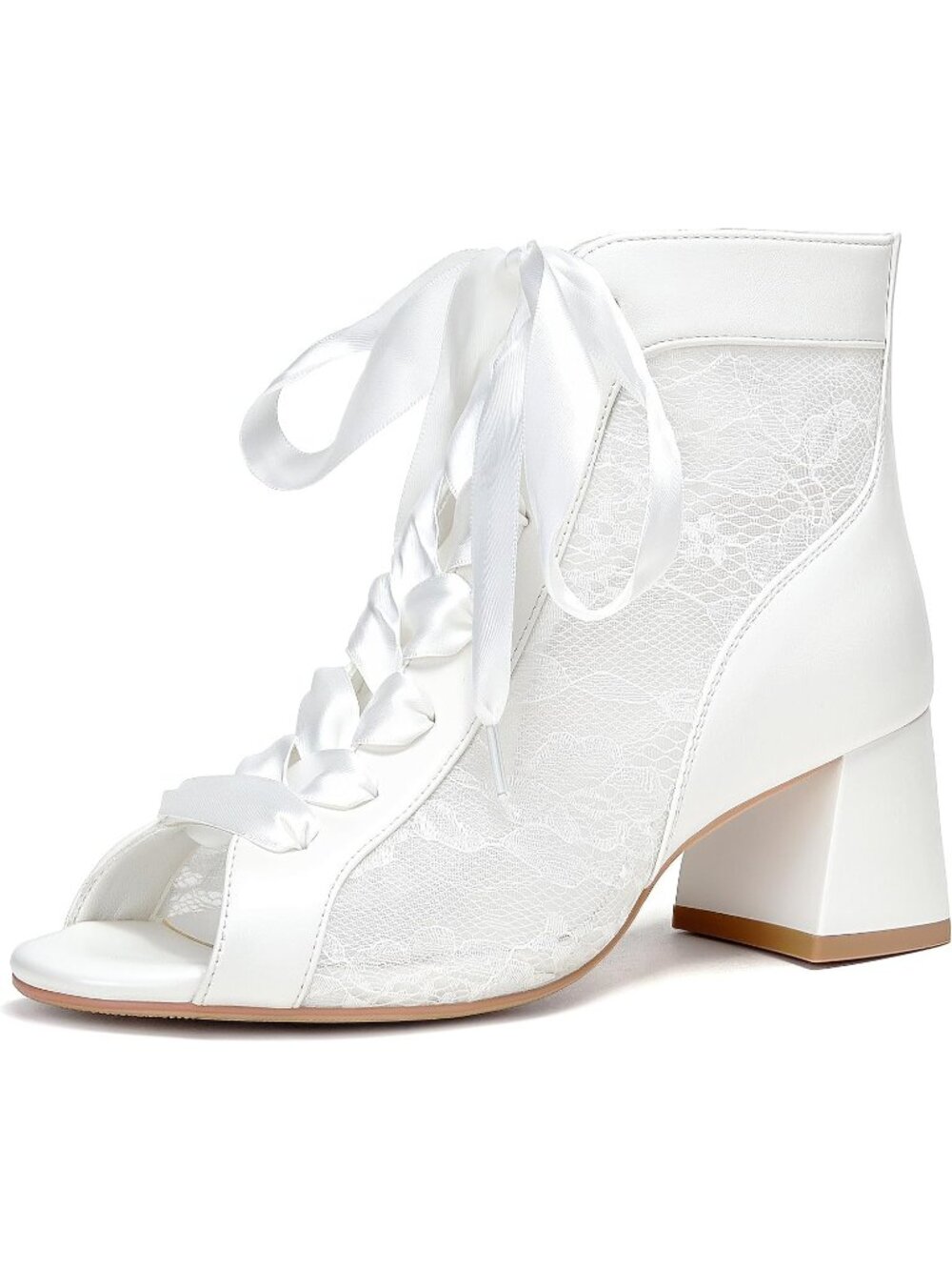 Women's White Mesh Lace Booties Lace Up Ankle Boots Open Toe Block Heels